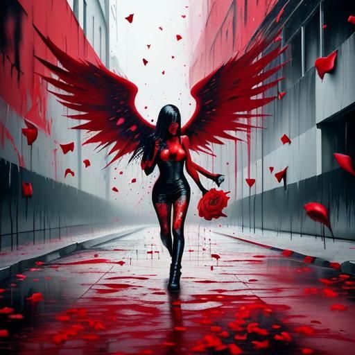 Blood Red Angel Raining Rose Petals as Graffiti
