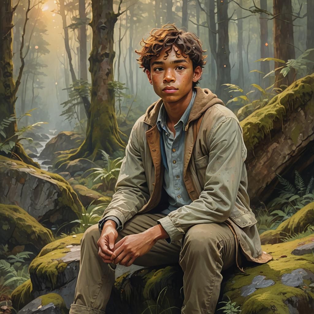 Young Man in Misty Forest, Dreamy Concept Art