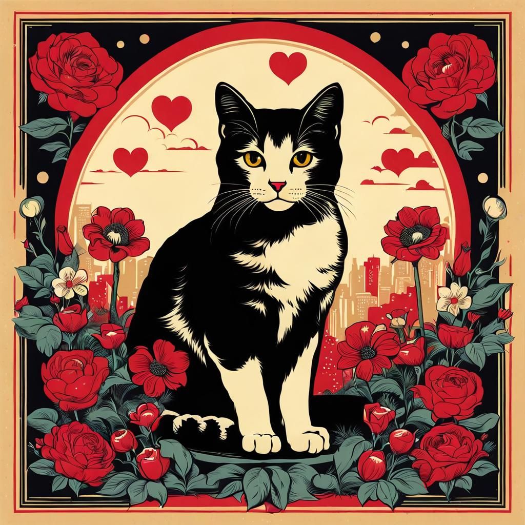 Cat with Flowers in Shepard Fairey Style