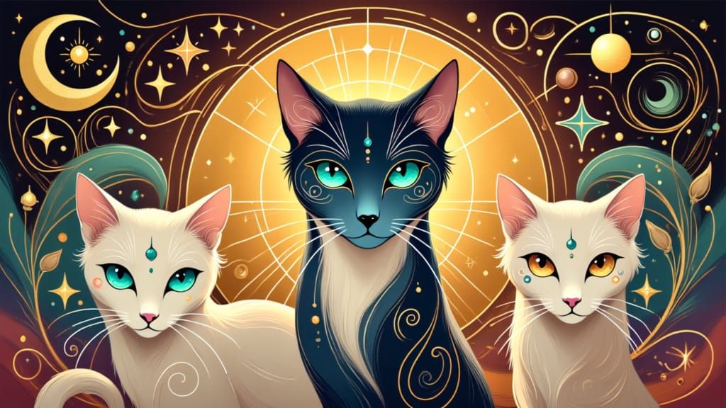 Whimsical Cats in Mystical Setting: Heartwarming Painting
