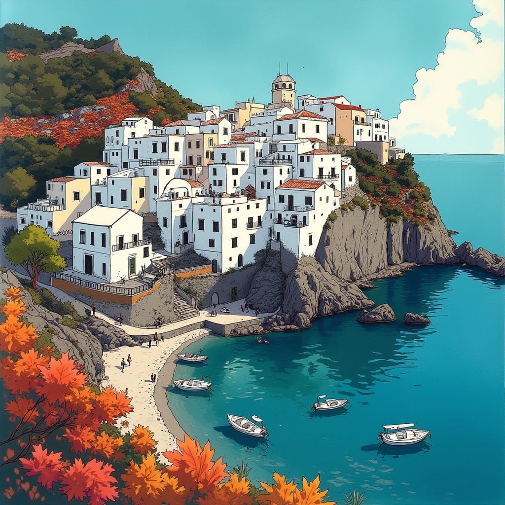 Charming Autumn Village by the Turquoise Sea