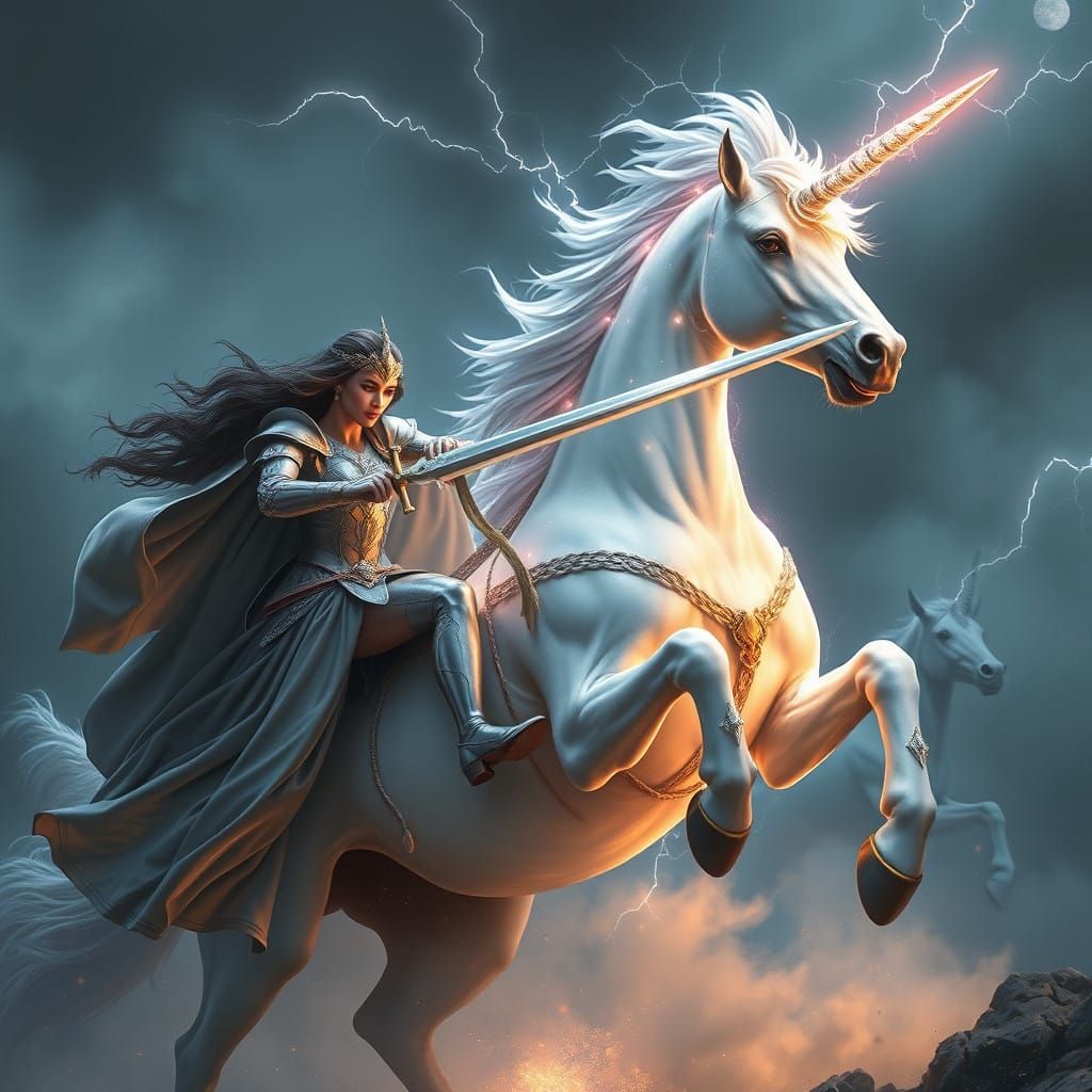 A Princess Battles a Radiant Unicorn in Epic Fantasy Landsca...