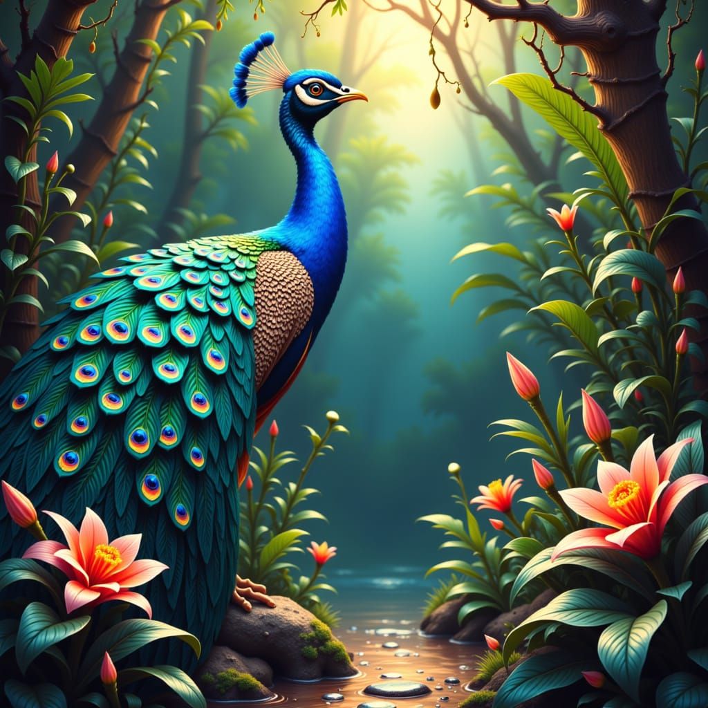 Magnificent Peacock in Lush Garden at Dawn