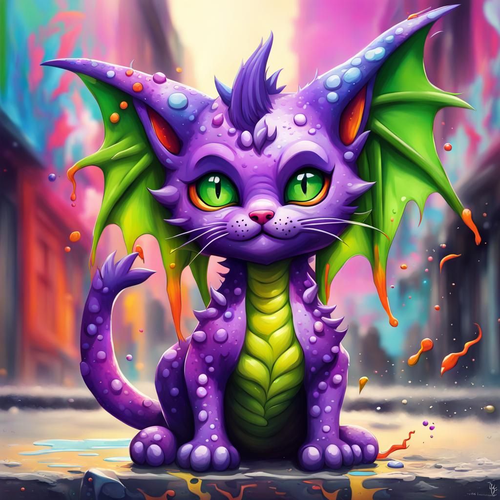 Cute Half-Cat, Half-Dragon Baby in Graffiti Art