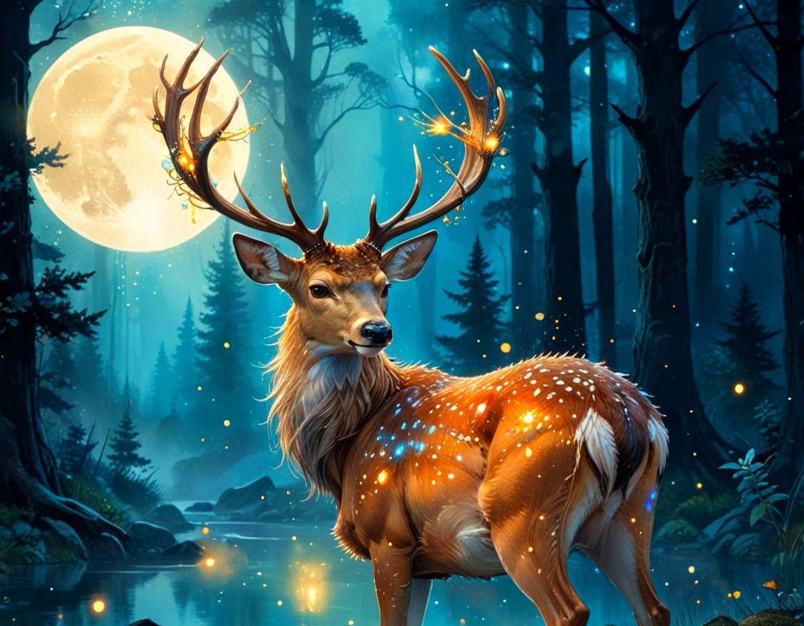 Mystical Deer in Enchanted Forest: Fantasy Concept Art