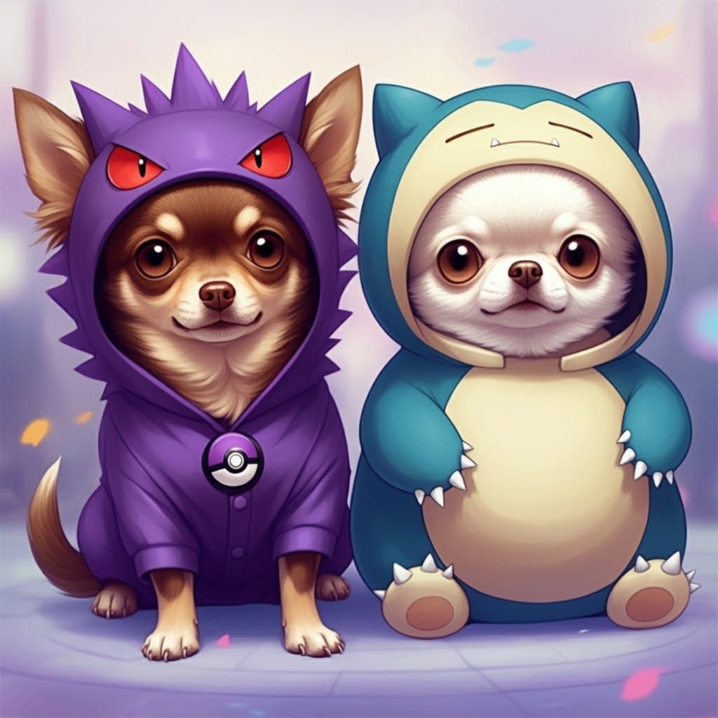 Chihuahuas as Gengar and Snorlax in Anime Style
