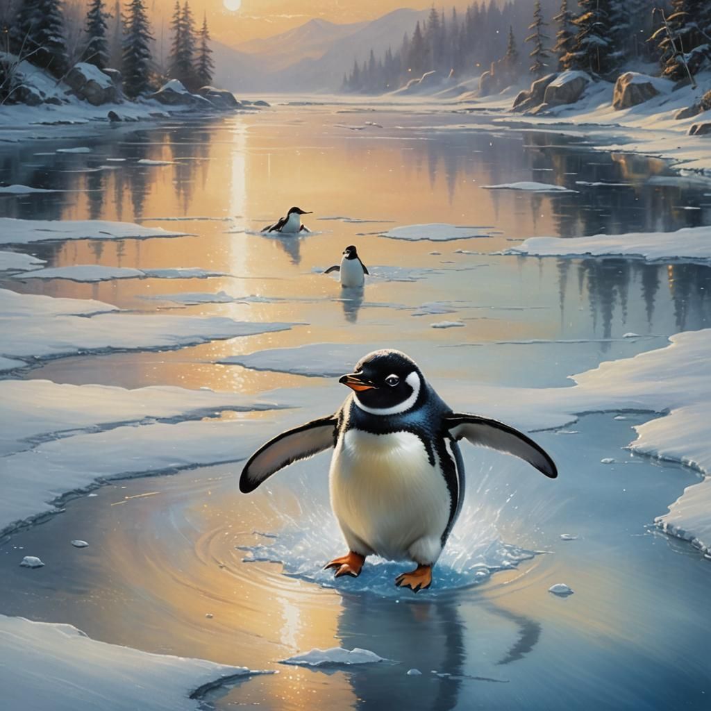 Penguin Slides on Ice in Ethereal Oil Painting