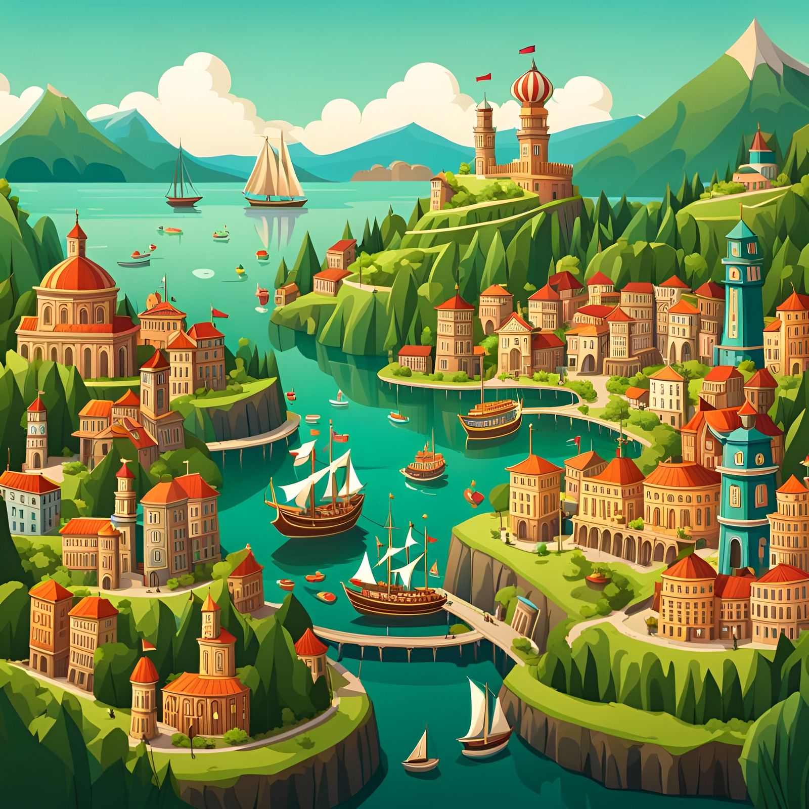 Cartoonish Wooden City on Green Hill with Carnival