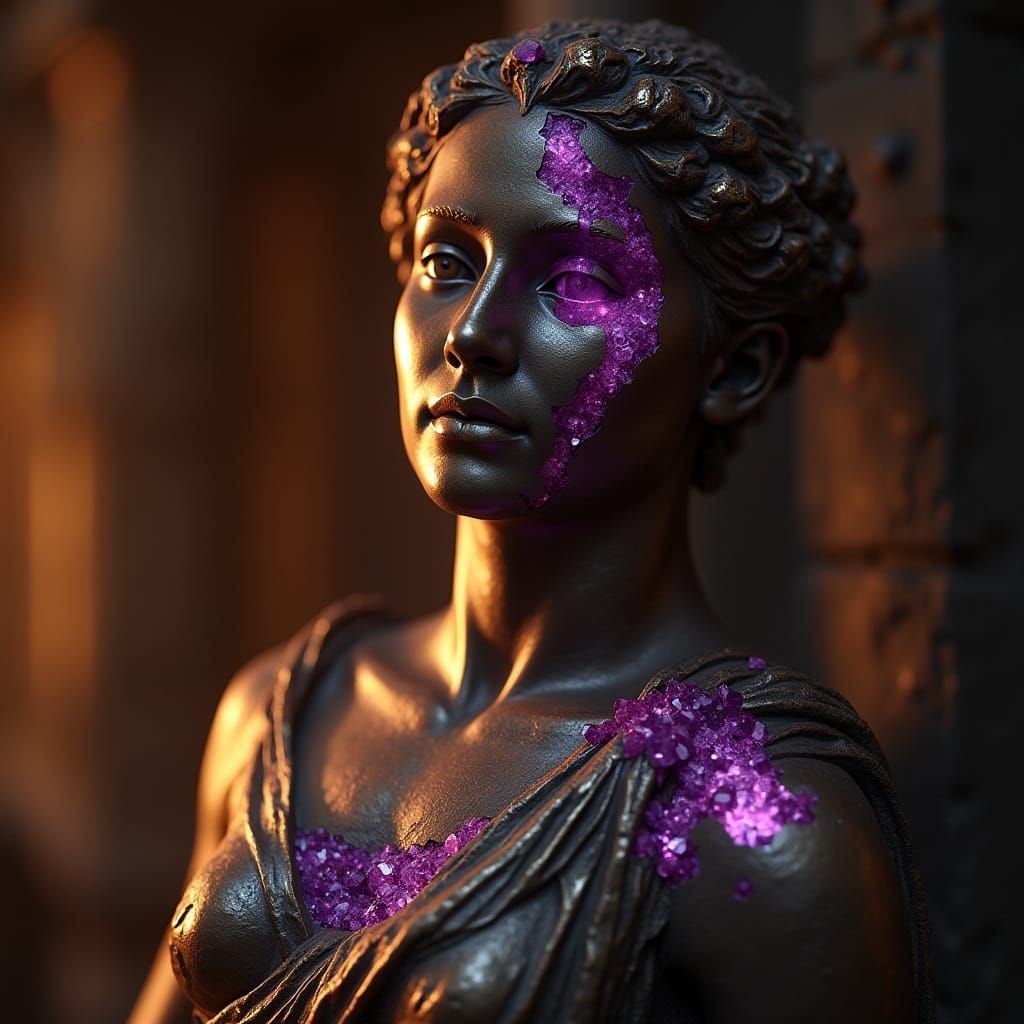 Athena Statue Repaired with Amethyst: Cinematic Film Still
