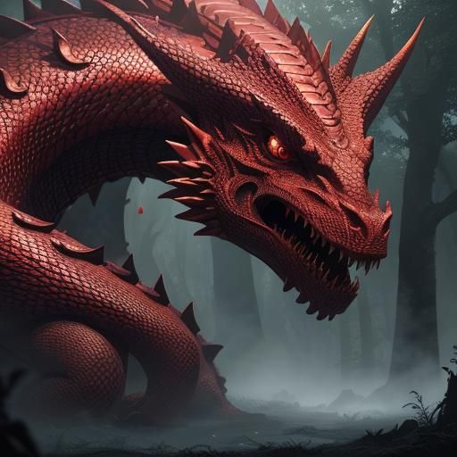 Red Dragon in Forest Clearing, Fantasy Concept Art