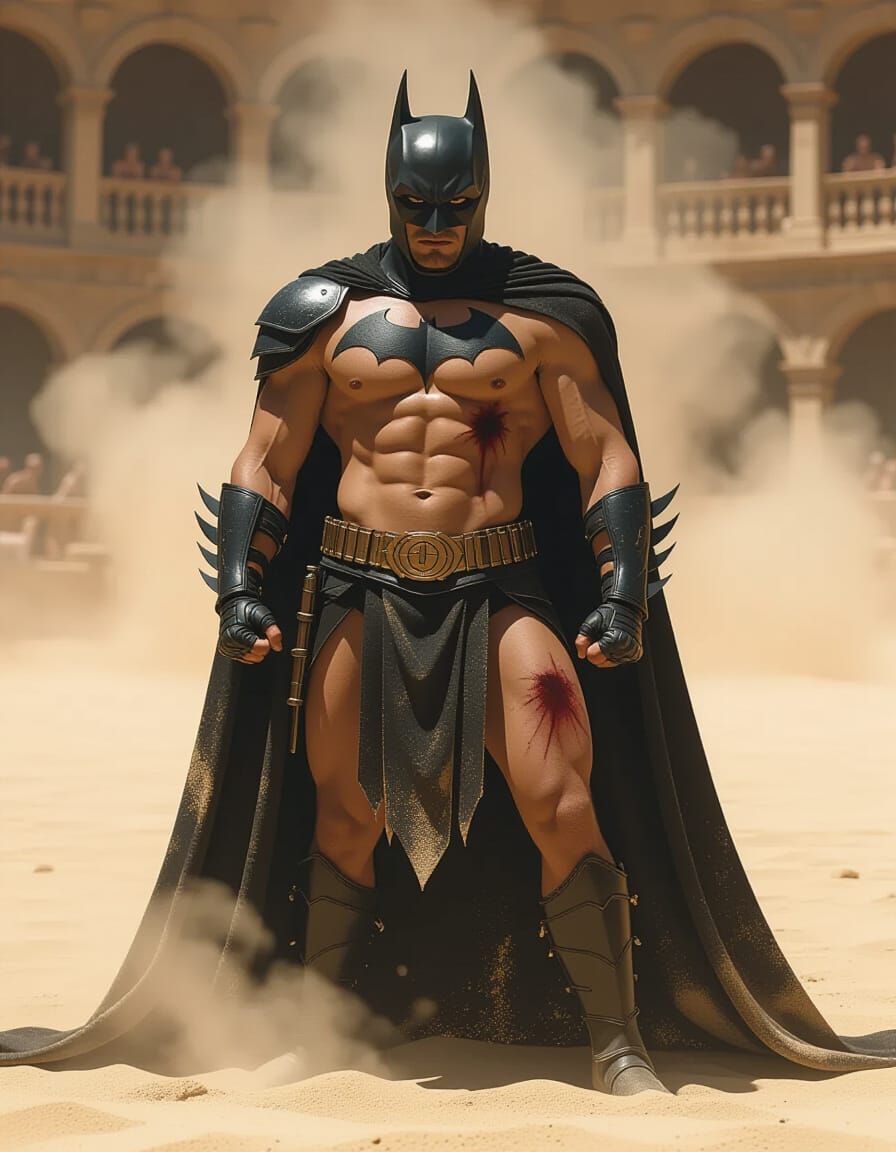 Injured Gladiator with Batman Mask in Arena