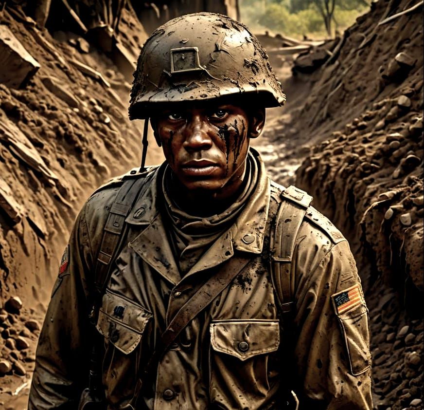 Sorrowful Soldier in Photorealistic Splash Art