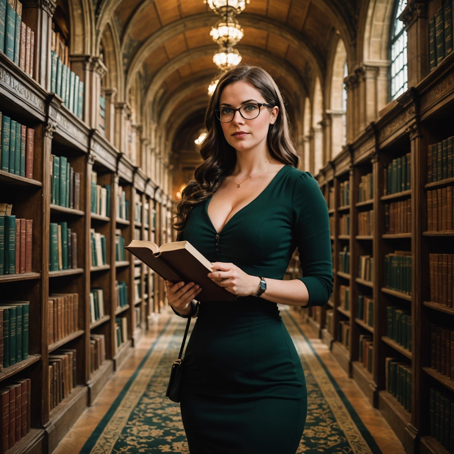 Librarian with Open Book in Grand Library Photograph