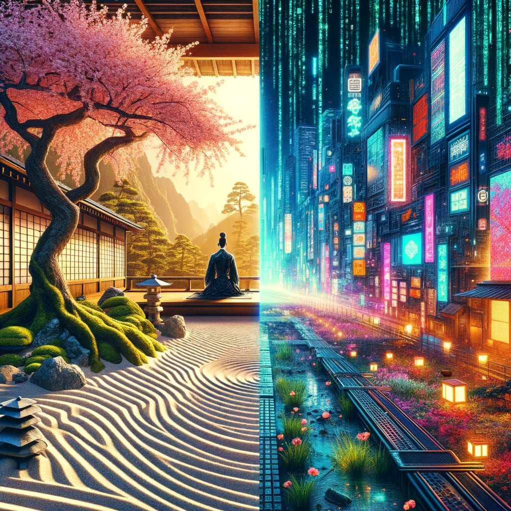 Zen Garden Meets Cyberpunk Cityscape in Split Screen