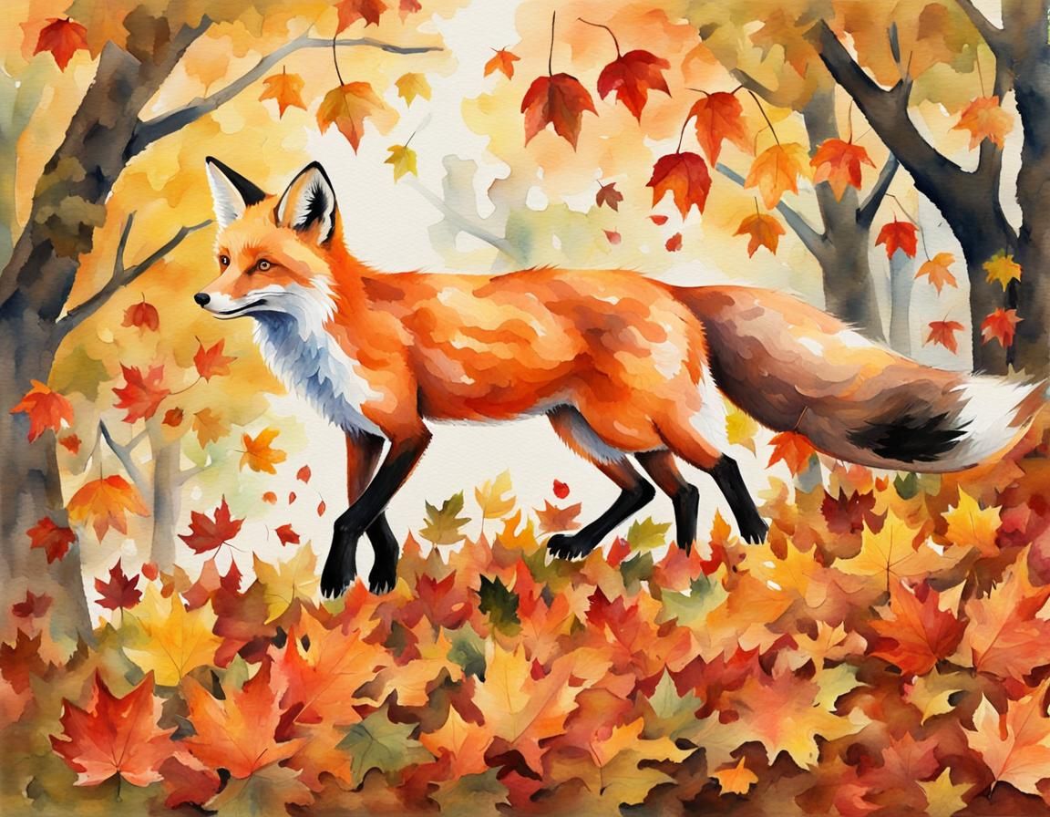Fox Romping in Autumn Leaves: Gouache Watercolor Painting