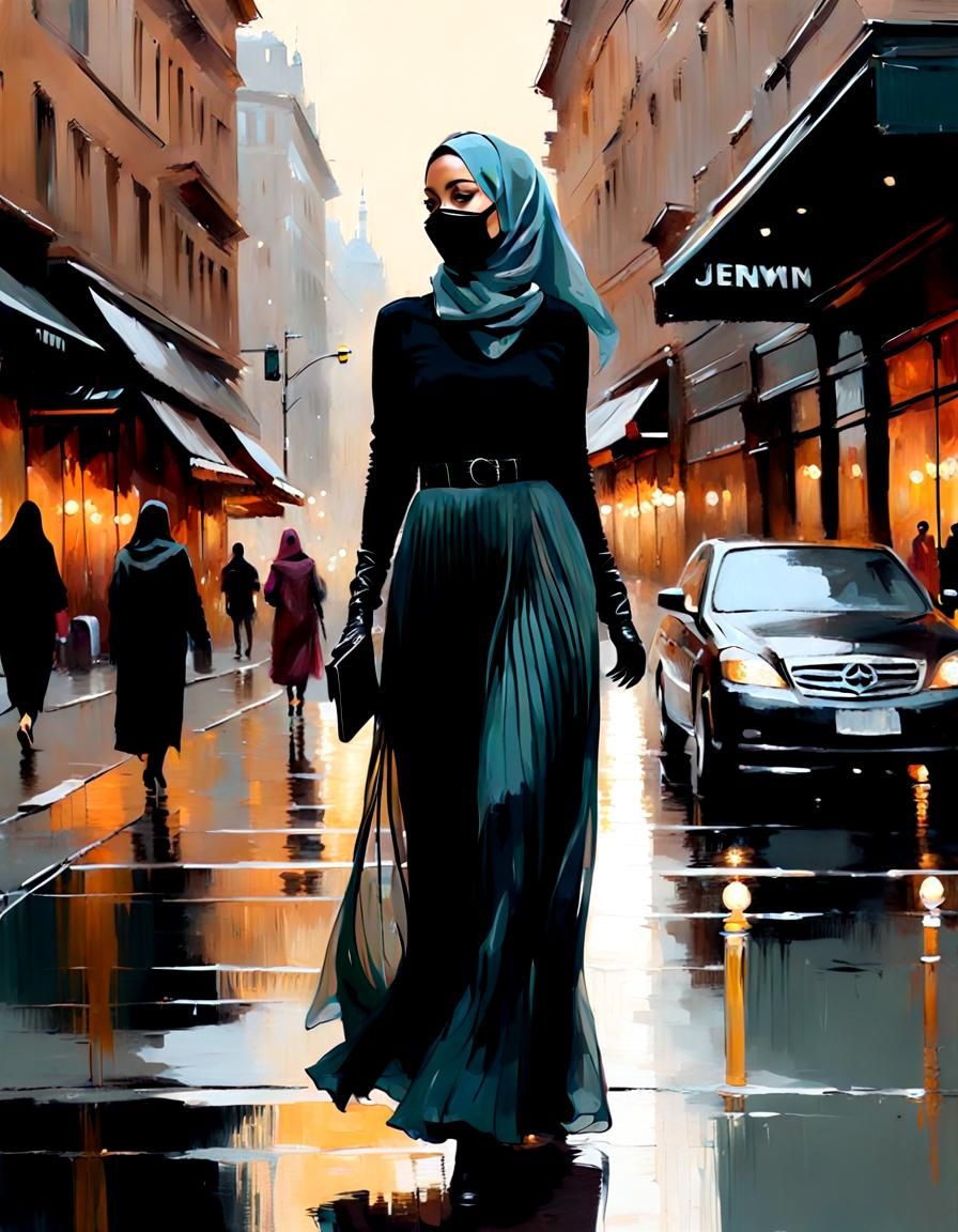 European Woman in Hijab Walking Through City, Oil Painting