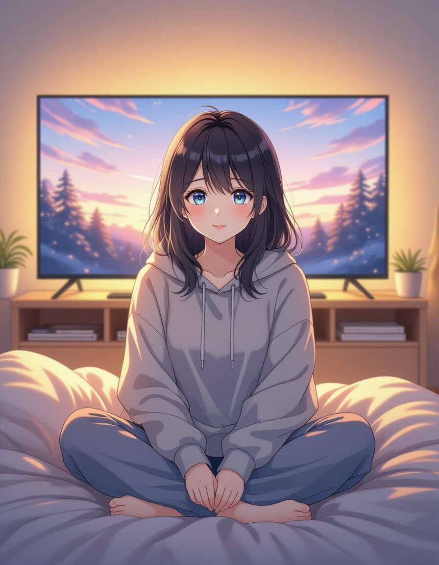 Anime Girl Enjoys Netflix in Cozy Room