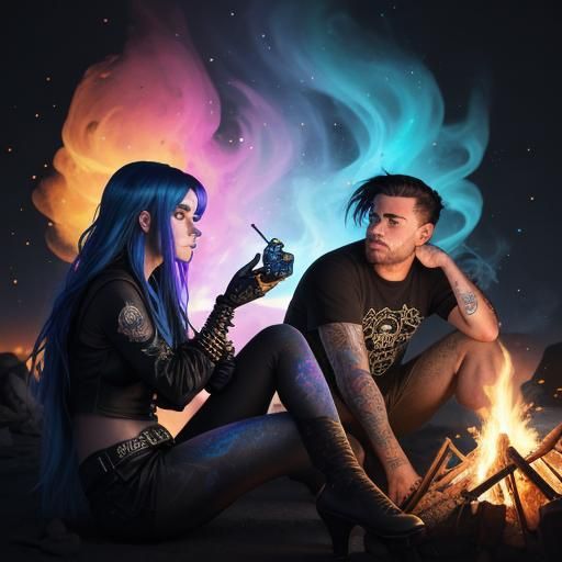 Campfire Flirting in Vibrant Street Art Style