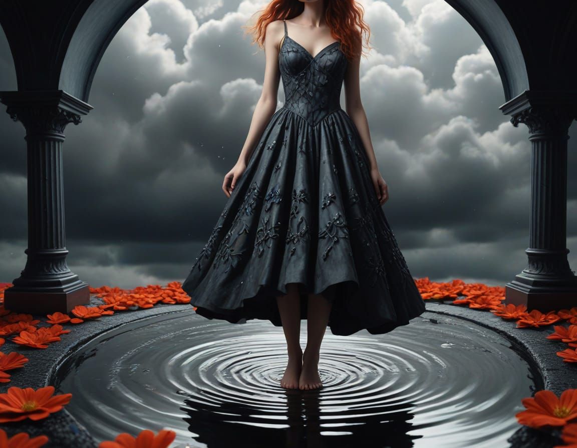 Surreal Woman in Shimmering 360-Degree Dress with Vibrant Fl...