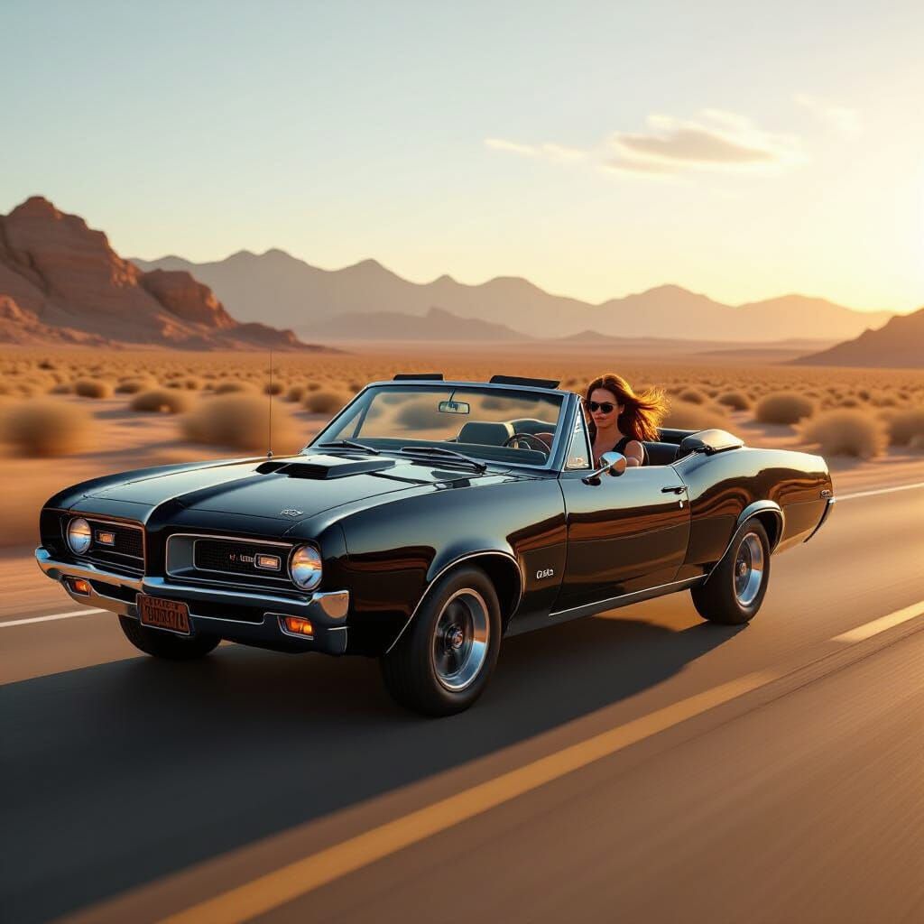 Black 1967 Pontiac GTO Cabrio Races Desert Highway