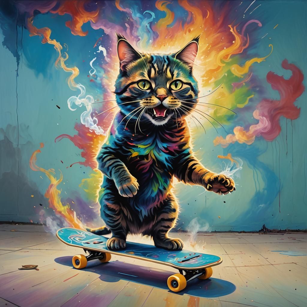 Surreal Pregnant Cat Birth in Vibrant Oil Painting