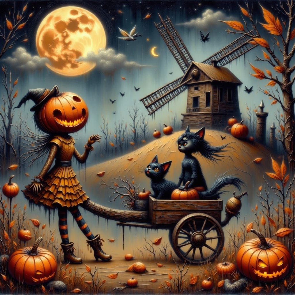 Fairytale Halloween Night: Witch and Pumpkin Scarecrow