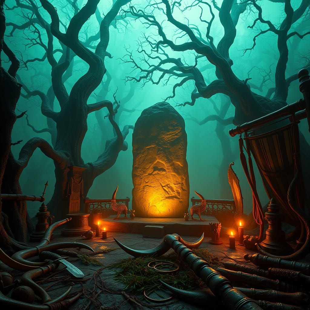 Mystical Lithuanian Sacred Grove in Ethereal Golden Light