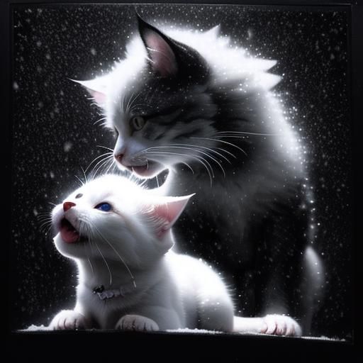 Dog Barks at Kitten in Snowy Ink Drawing