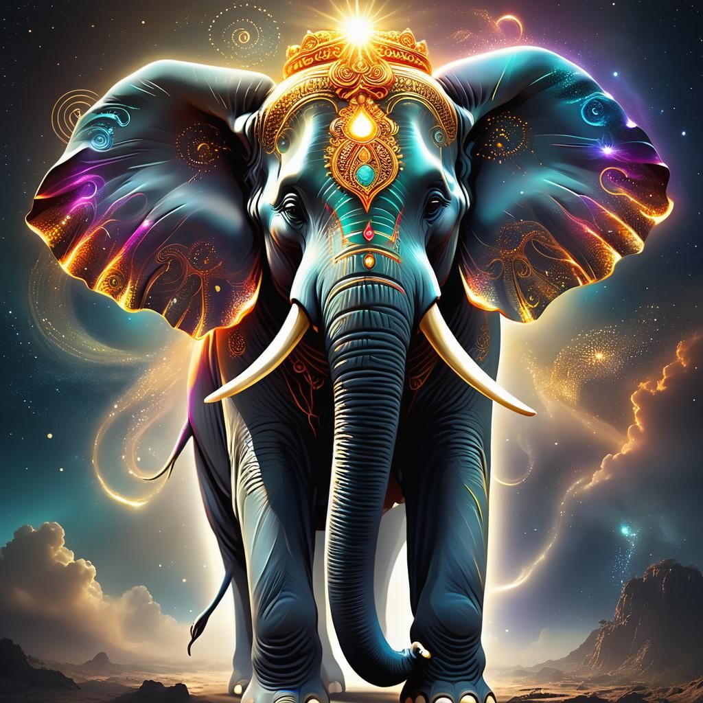Celestial Elephant Deity Portrait: Radiant Light and Intrica...
