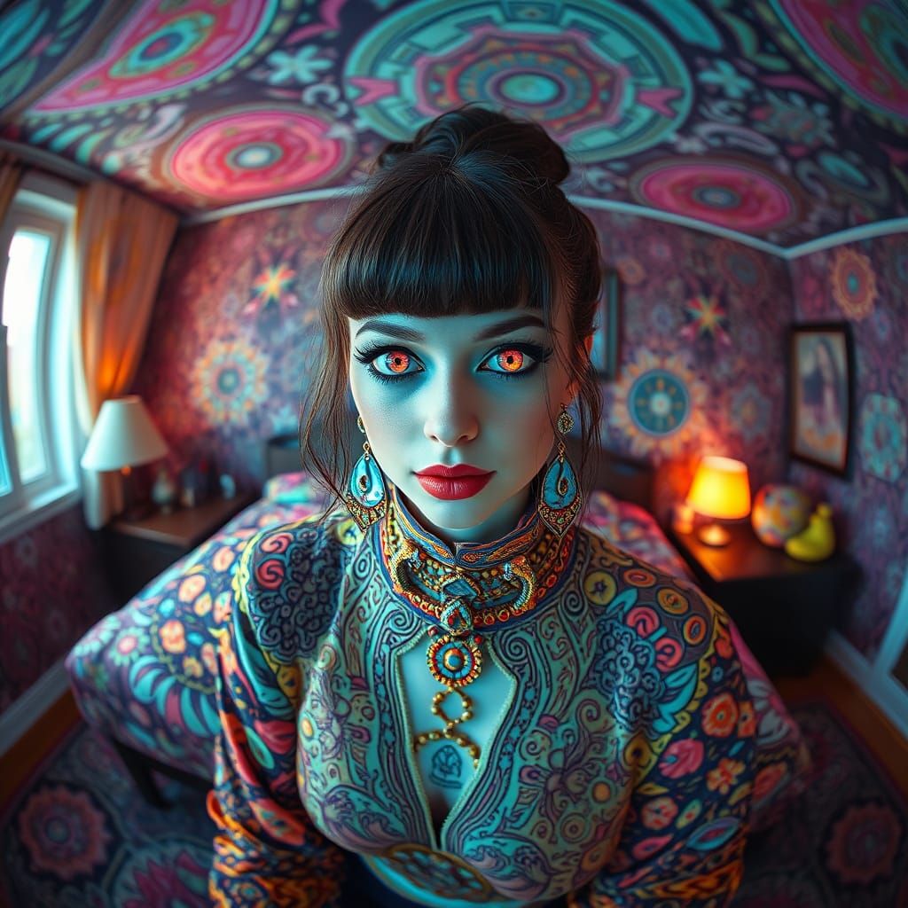 Vibrant Woman in Hypnotic Bedroom