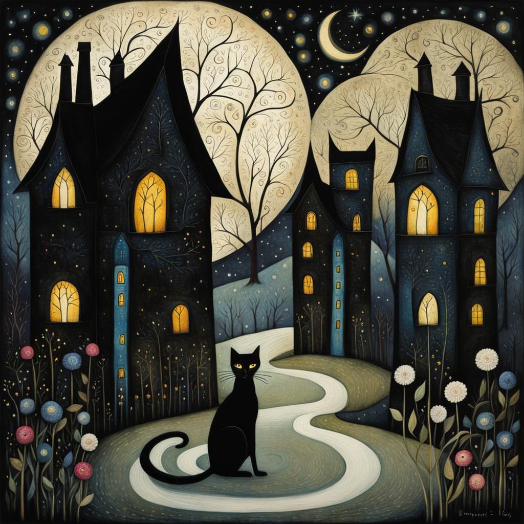 Black Cat in Starry Garden: Art Brut Style