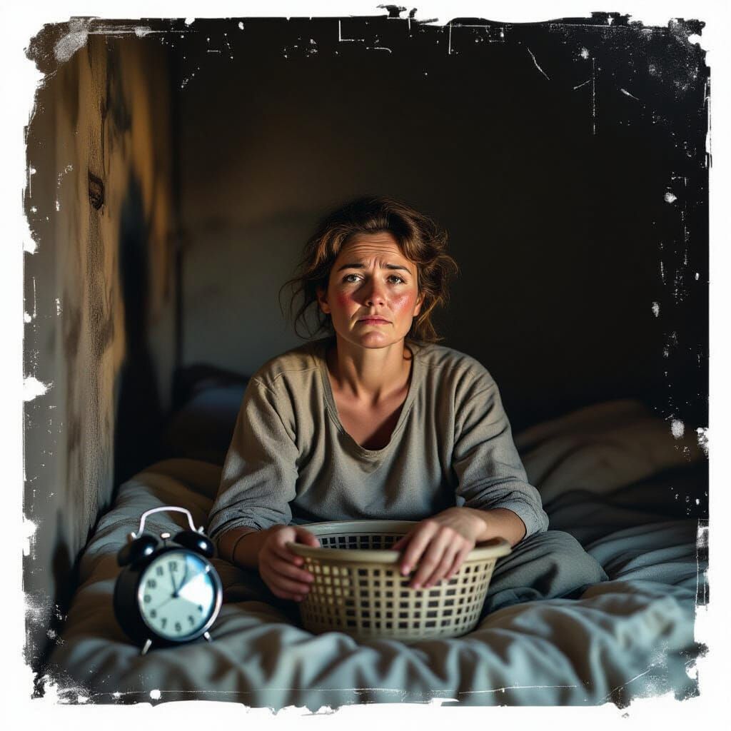 Weary Woman Rising in Dimly Lit Room