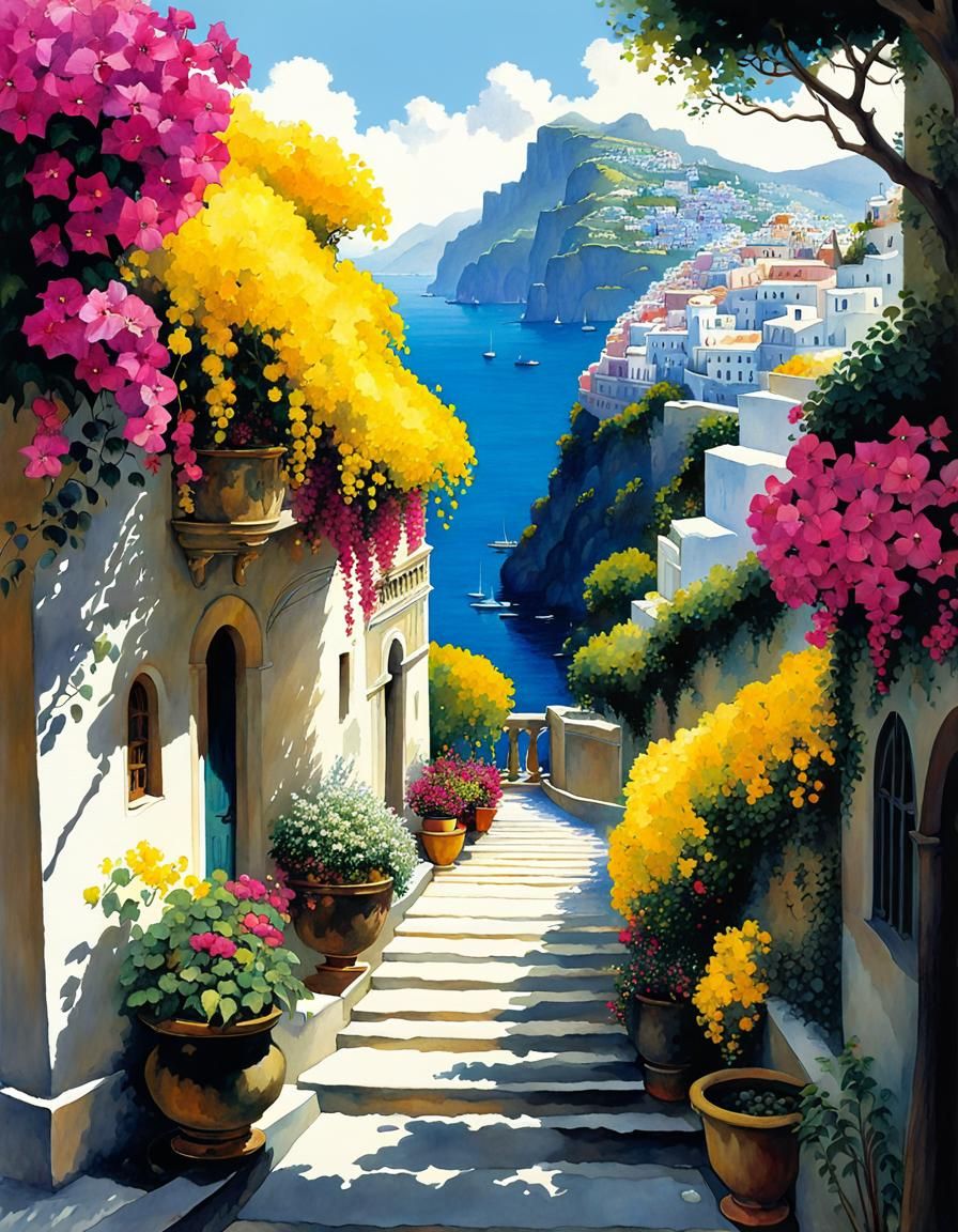 Magical Amalfi Path in Art Deco Watercolor