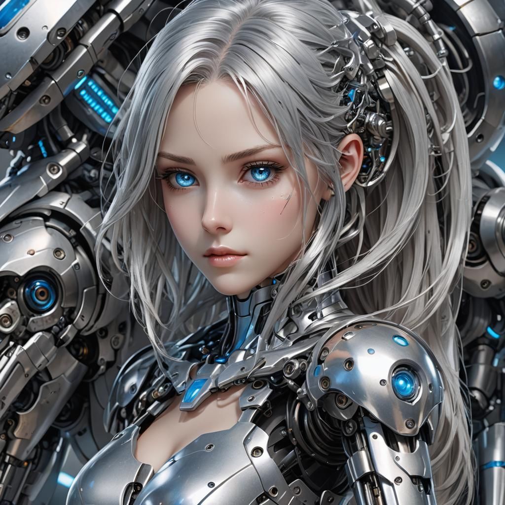 Anime Girl in Robot's Arms: Cell-Shaded 3D Portrait