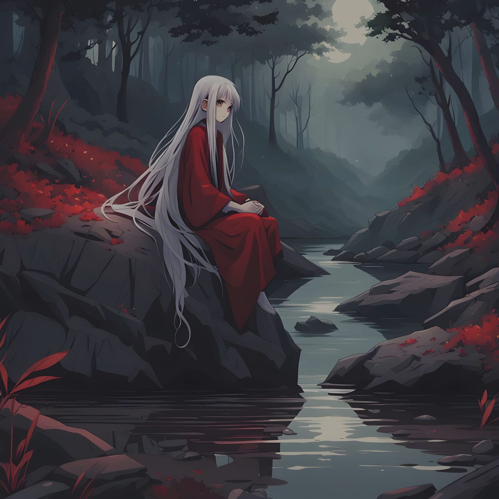 Gloomy Anime Girl in Dark Forest
