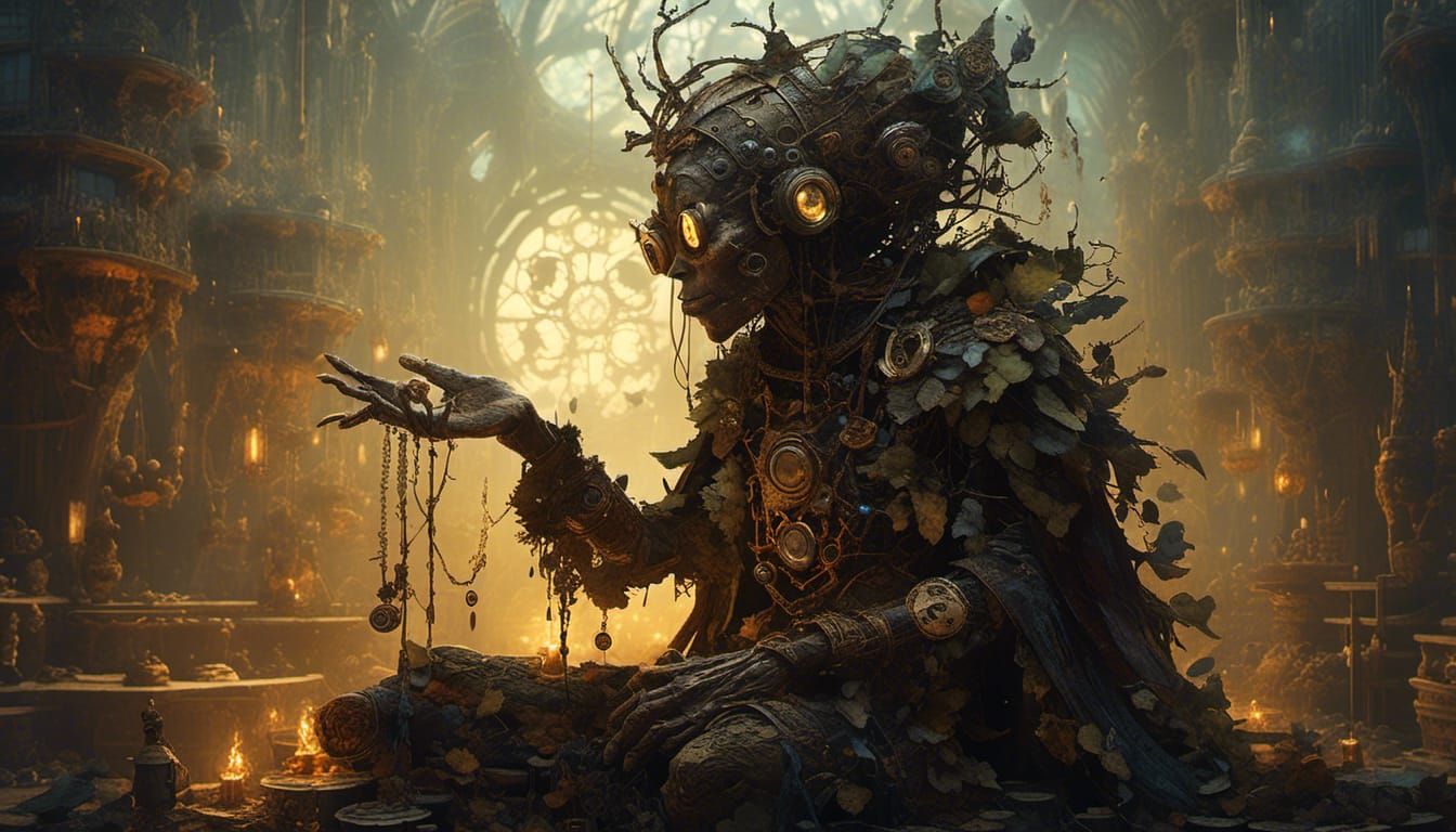 Steampunk Goblin Shaman Silhouette with Glowing Runes