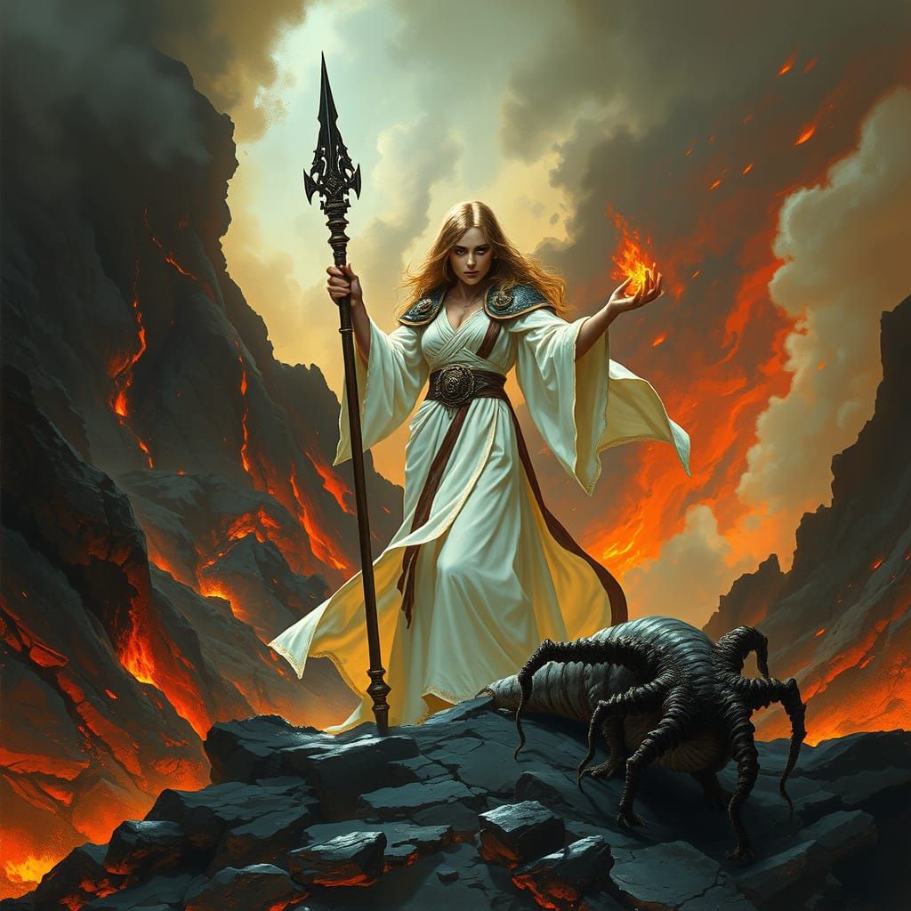 Cleric Casting Spell in Volcanic Landscape, Dark Fantasy