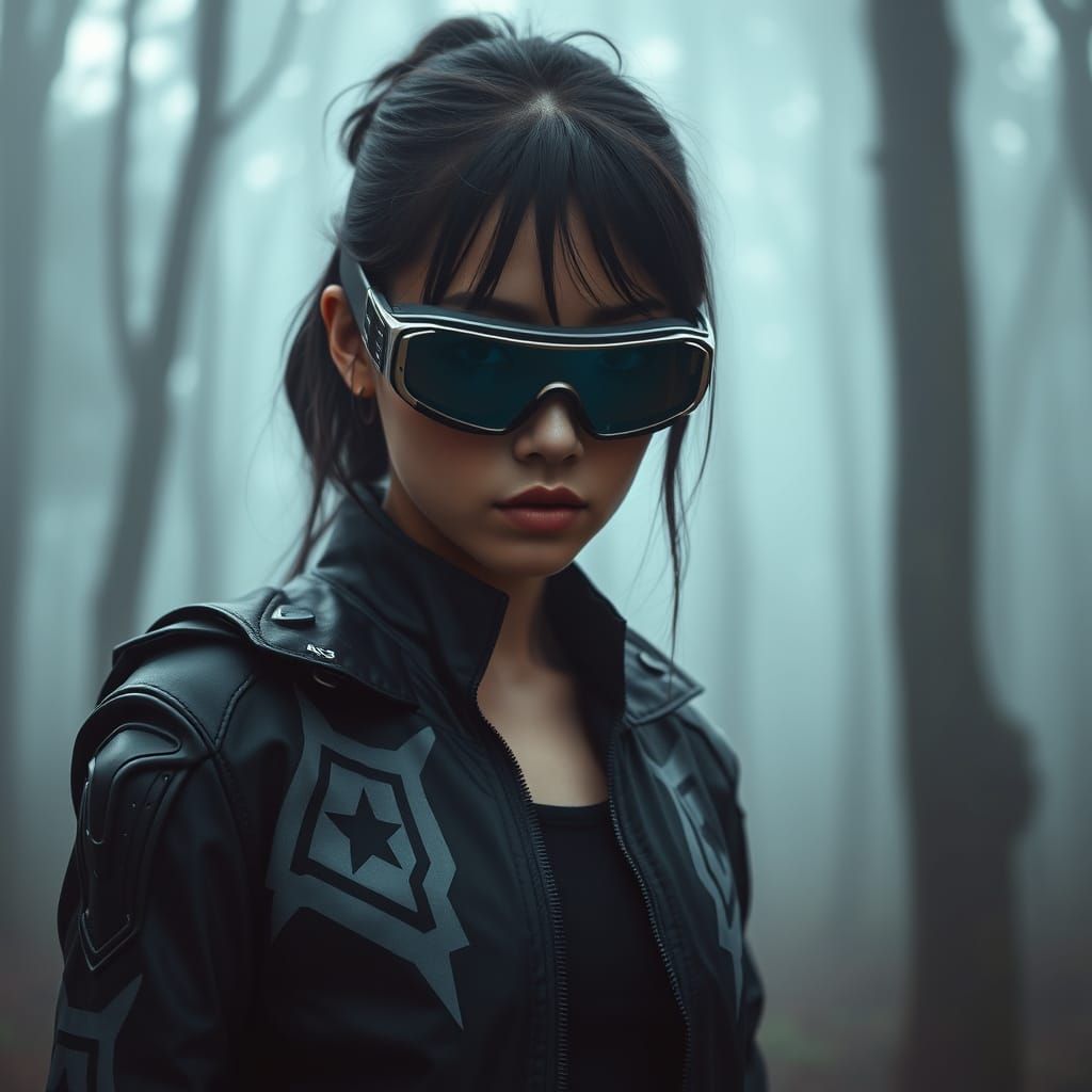 Woman in Foggy Forest with Futuristic Goggles
