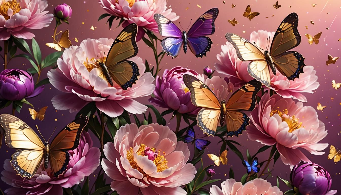 Peonies and Butterflies on Pink: 3D Digital Art