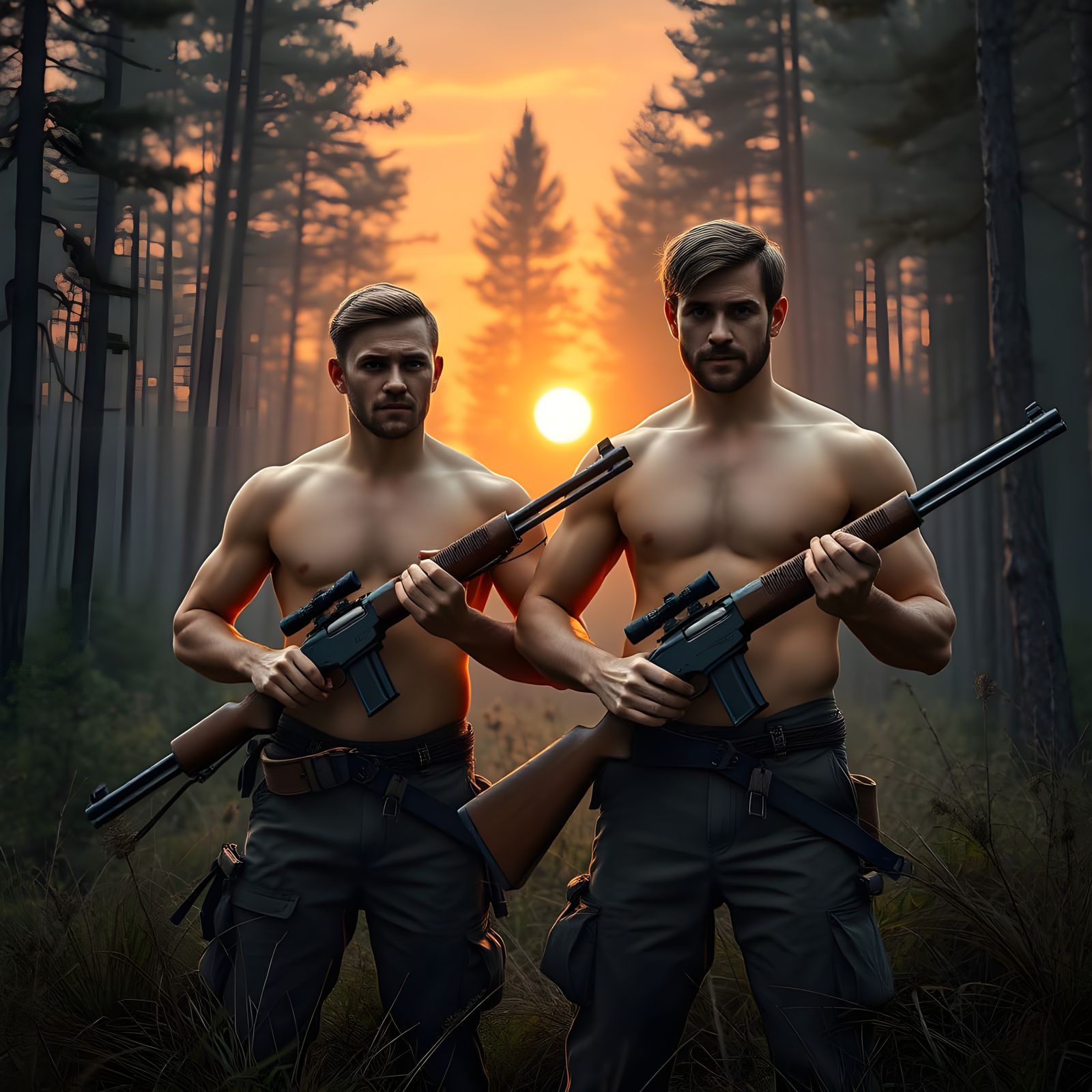 Two Dashing Hunters in Sunset Forest