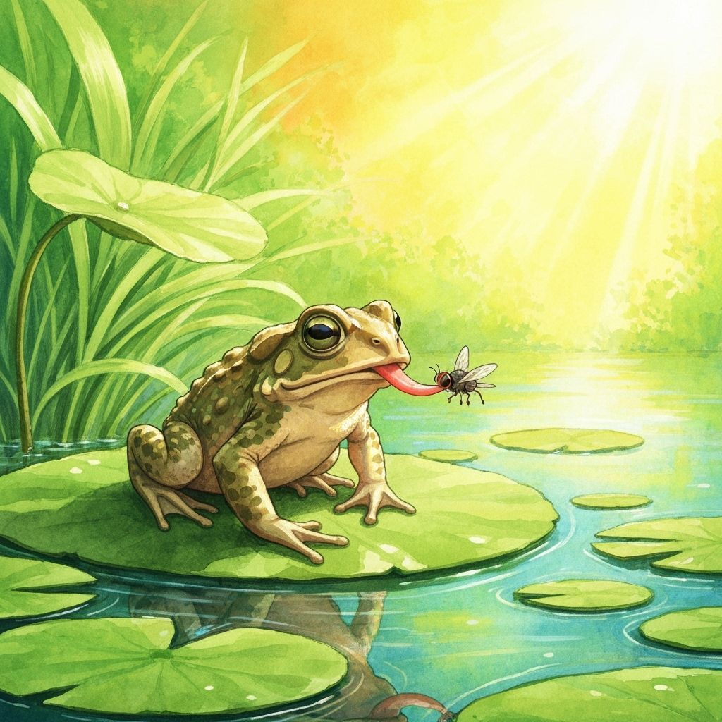 Toad Catches Fly on Lily Pad in Watercolor Style