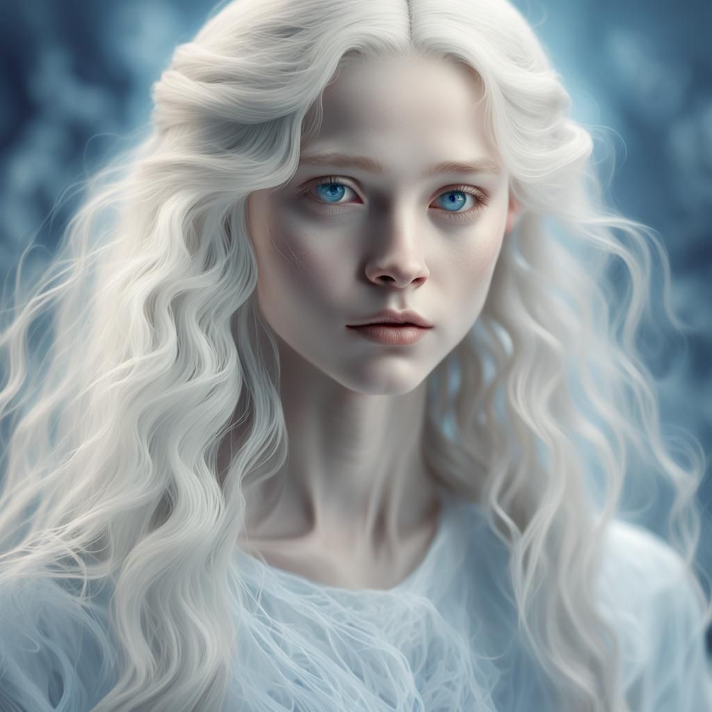 Albino Girl Portrait with Icy Gaze in Photorealistic Style