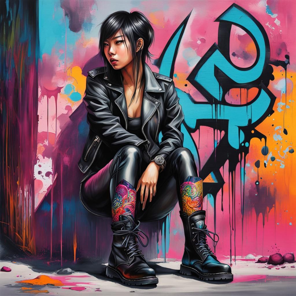 Asian Figure in Graffiti Street Art Style