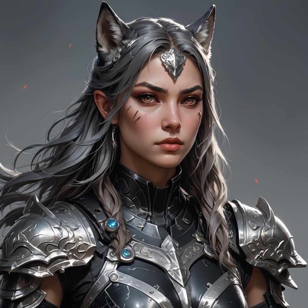 Wolf Girl Warrior in Black and Silver Armor