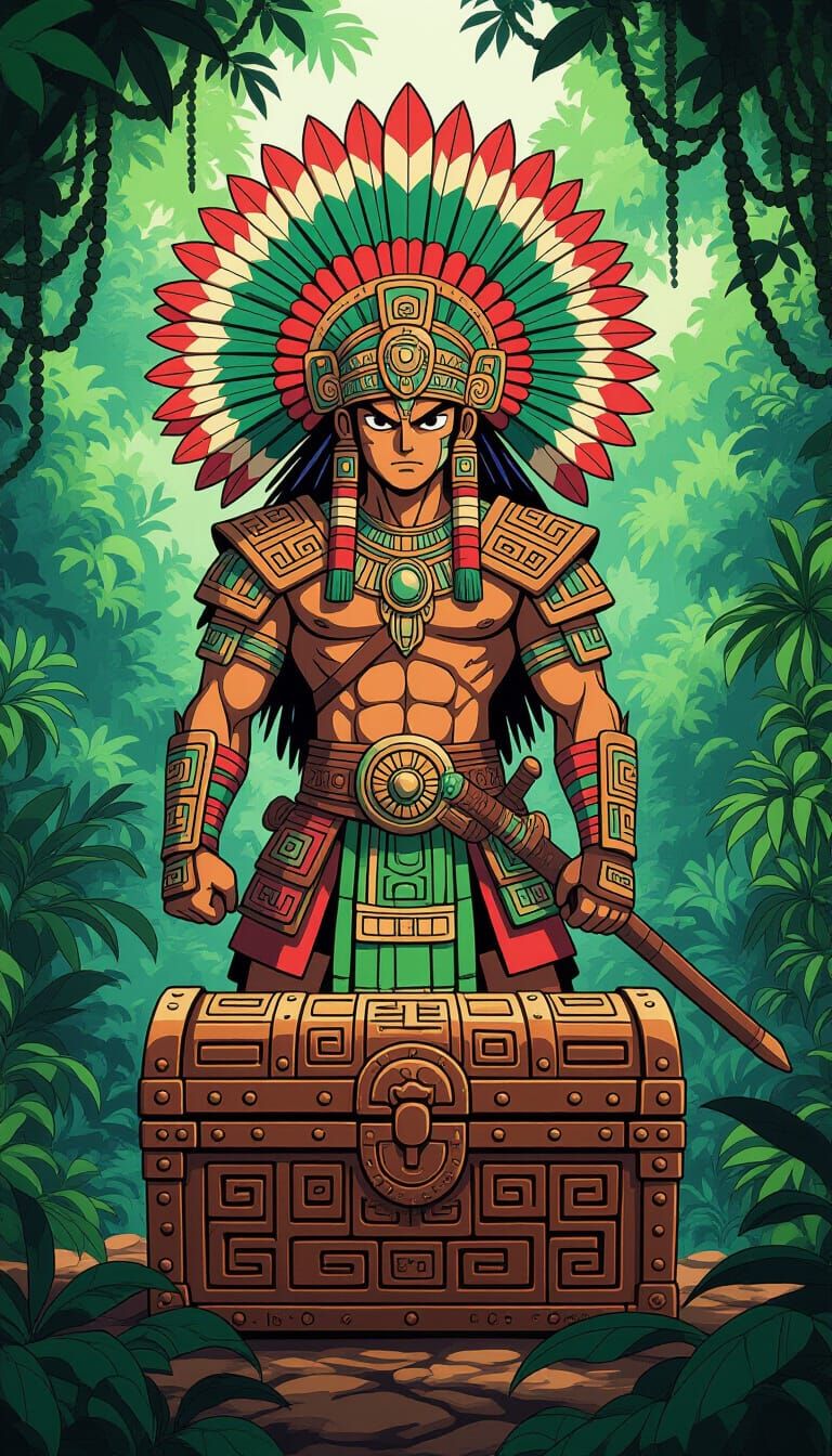 Mayan Warrior Protecting Treasure in Lush Jungle