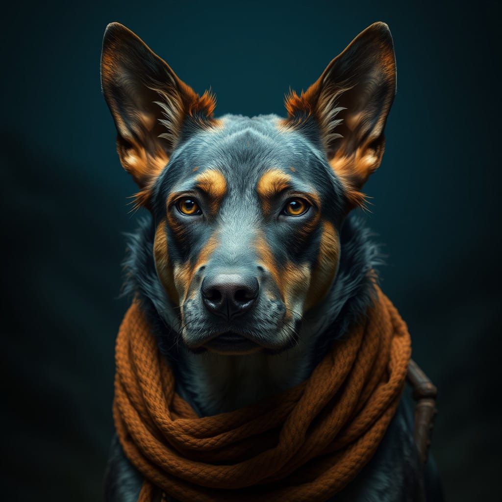 Brown Dog with Tattered Clothing and Determined Expression