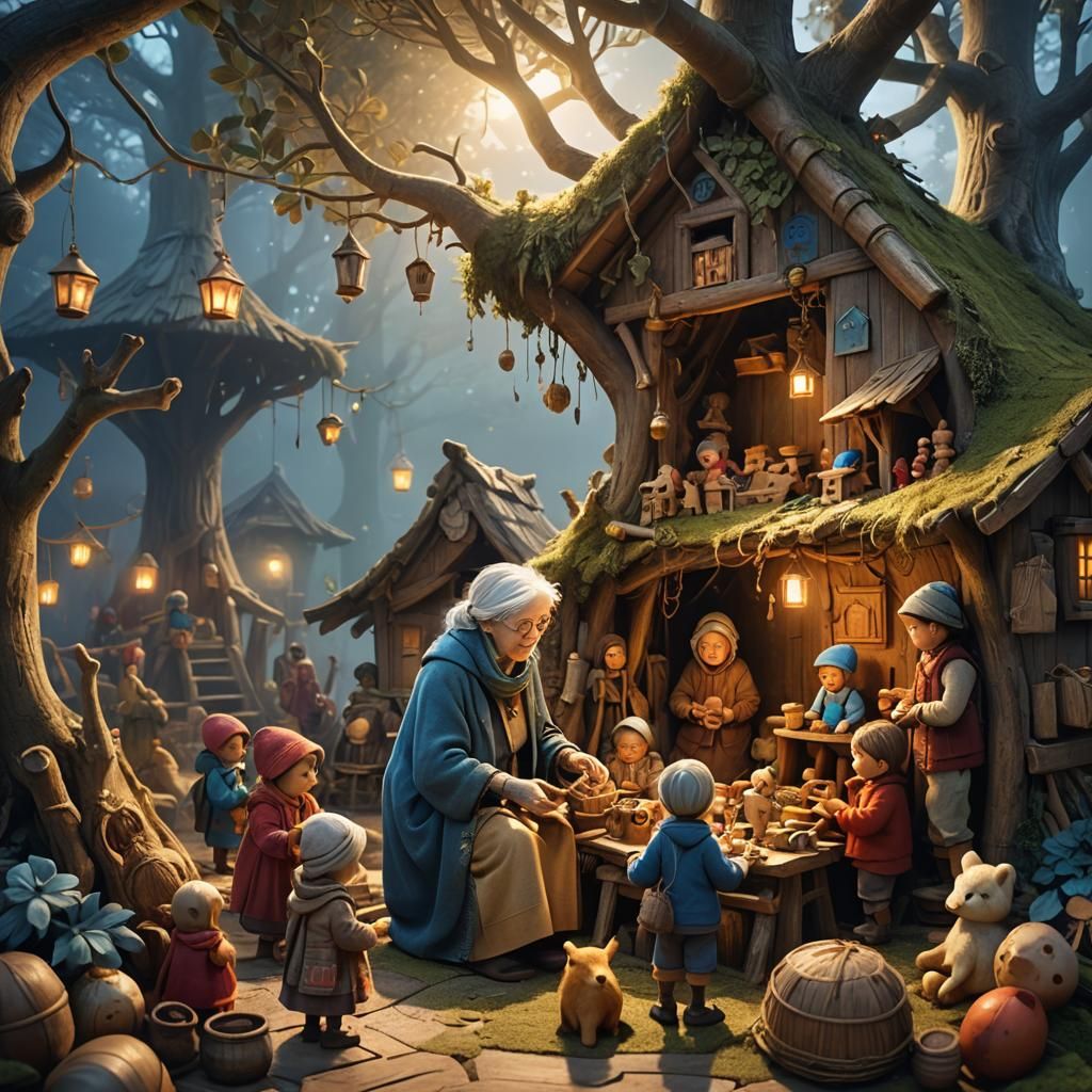 Toy Seller in Hut Surrounded by Children