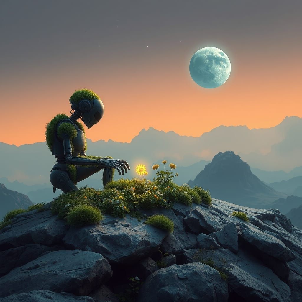 Ancient Robot Tends Glowing Garden on Terraformed Moon