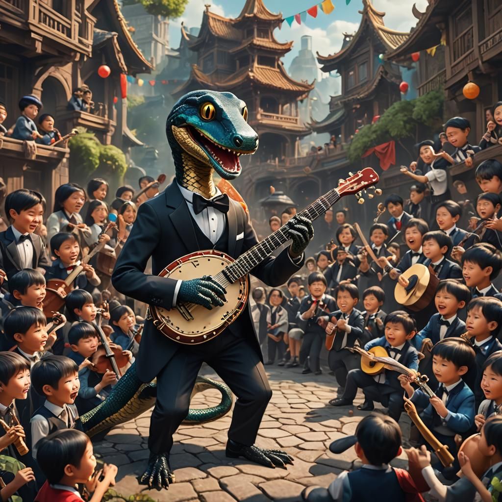 Snake Tuxedo Banjo Serenade in Detailed Digital Painting