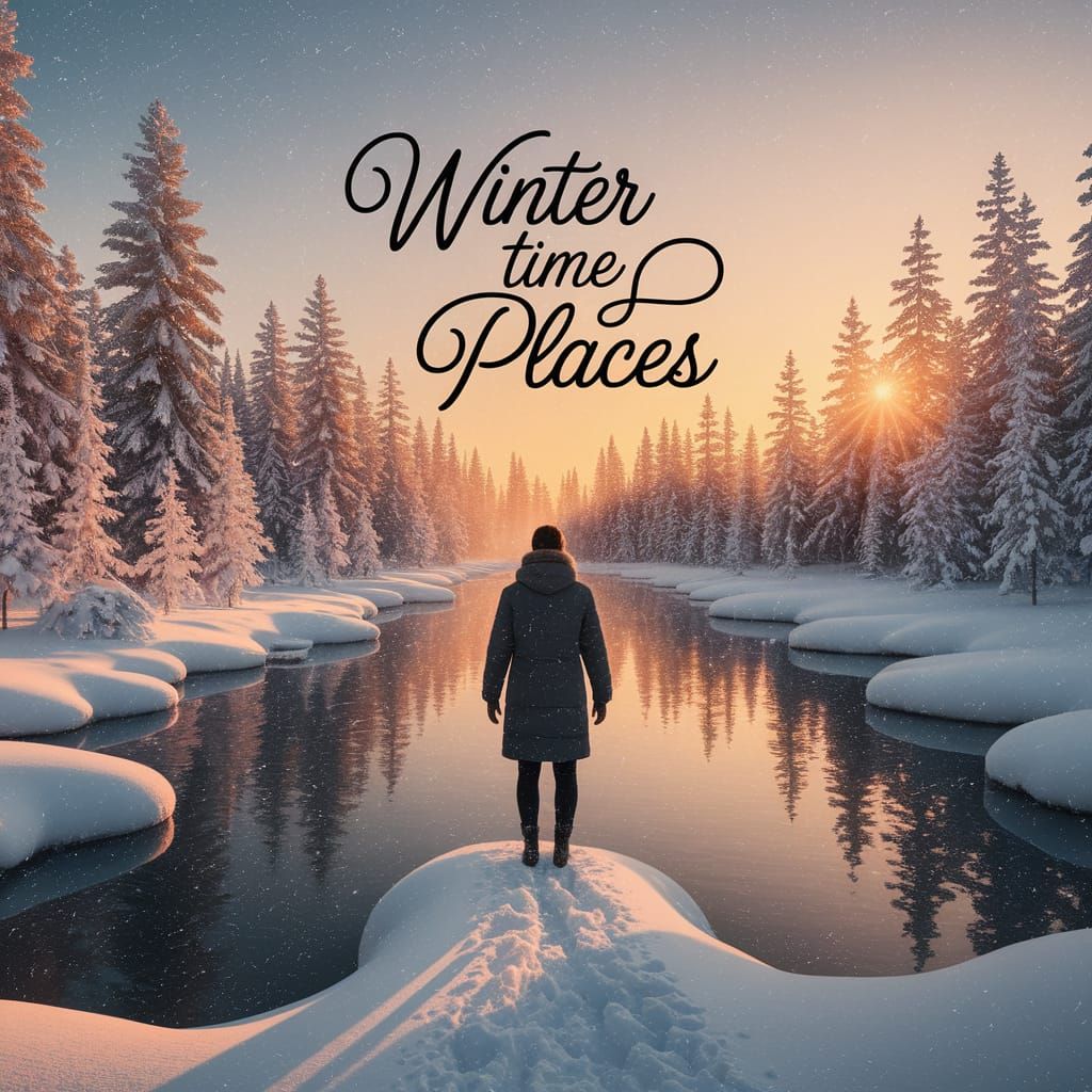 Winter Landscape with Frozen Lake and Golden Sunset